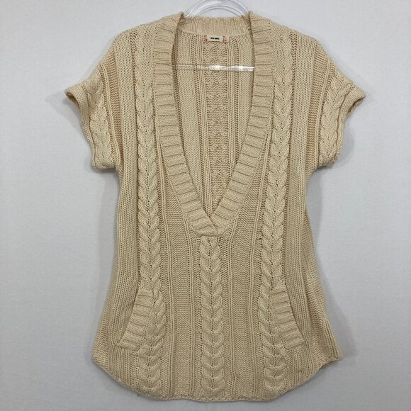 Vintage Old Navy Large Cream Cable Knit Deep V Neck Short Sleeve Y2K Sweater - Picture 1 of 10